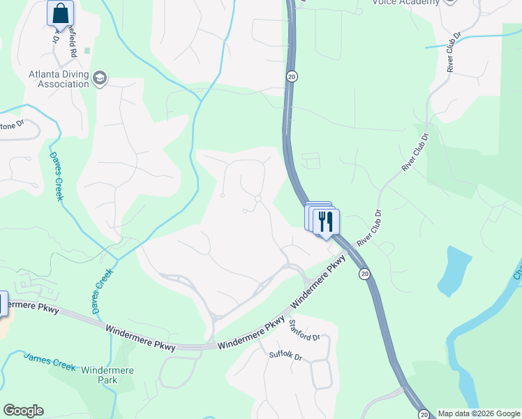 map of restaurants, bars, coffee shops, grocery stores, and more near 4385 Edenham Lane in Cumming