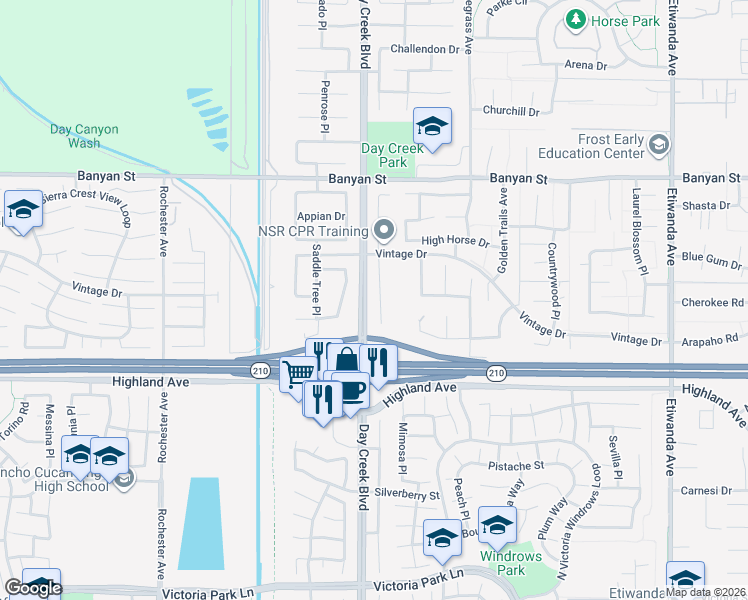 map of restaurants, bars, coffee shops, grocery stores, and more near 6336 Taylor Canyon Place in Rancho Cucamonga