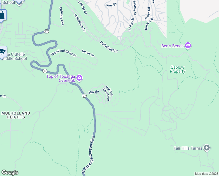 map of restaurants, bars, coffee shops, grocery stores, and more near 1130 Mohawk in Topanga