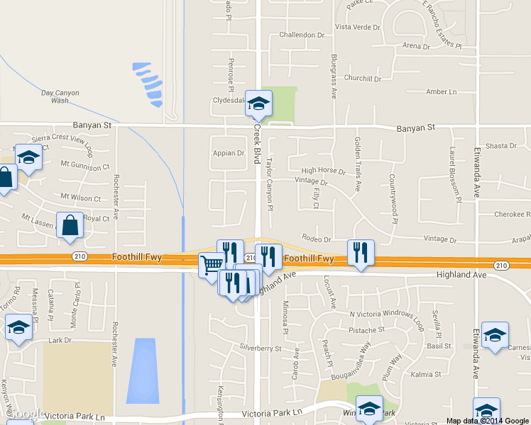 map of restaurants, bars, coffee shops, grocery stores, and more near 6336 Taylor Canyon Place in Rancho Cucamonga