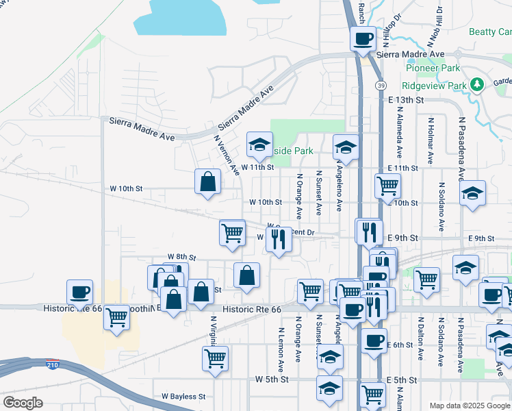 map of restaurants, bars, coffee shops, grocery stores, and more near 700 West 10th Street in Azusa