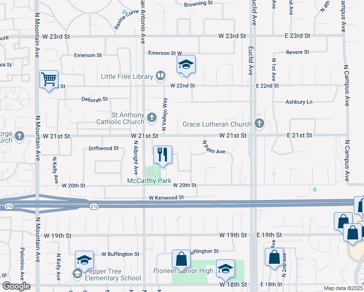 map of restaurants, bars, coffee shops, grocery stores, and more near 2071 North Redding Way in Upland