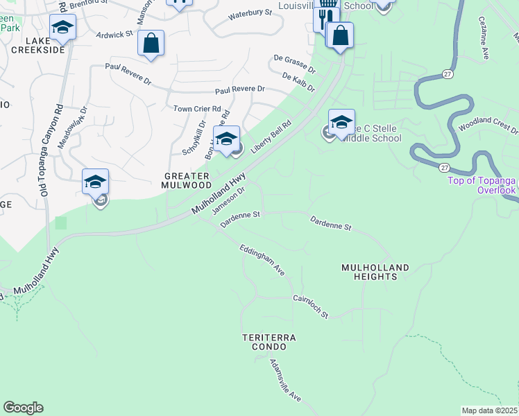 map of restaurants, bars, coffee shops, grocery stores, and more near 22505 Dardenne Street in Calabasas