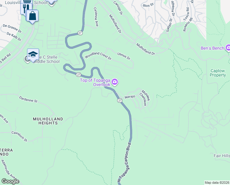 map of restaurants, bars, coffee shops, grocery stores, and more near 2430 Topanga Canyon Boulevard in Topanga