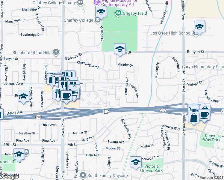 map of restaurants, bars, coffee shops, grocery stores, and more near 10801 Lemon Avenue in Rancho Cucamonga