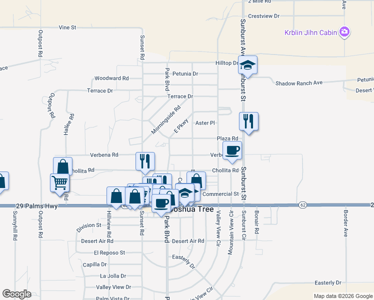 map of restaurants, bars, coffee shops, grocery stores, and more near 61888 Verbena Road in Joshua Tree