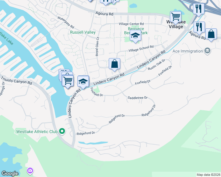 map of restaurants, bars, coffee shops, grocery stores, and more near 31877 Foxfield Drive in Westlake Village