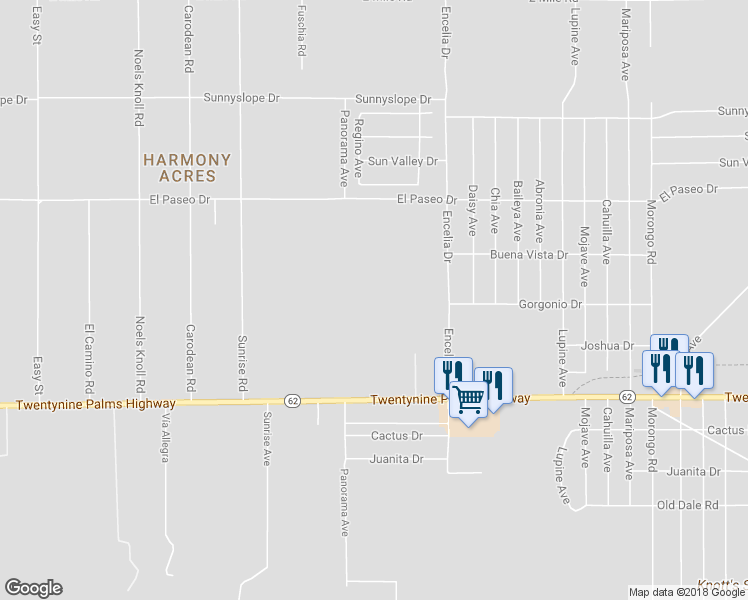 map of restaurants, bars, coffee shops, grocery stores, and more near Gorgonio Drive in Twentynine Palms