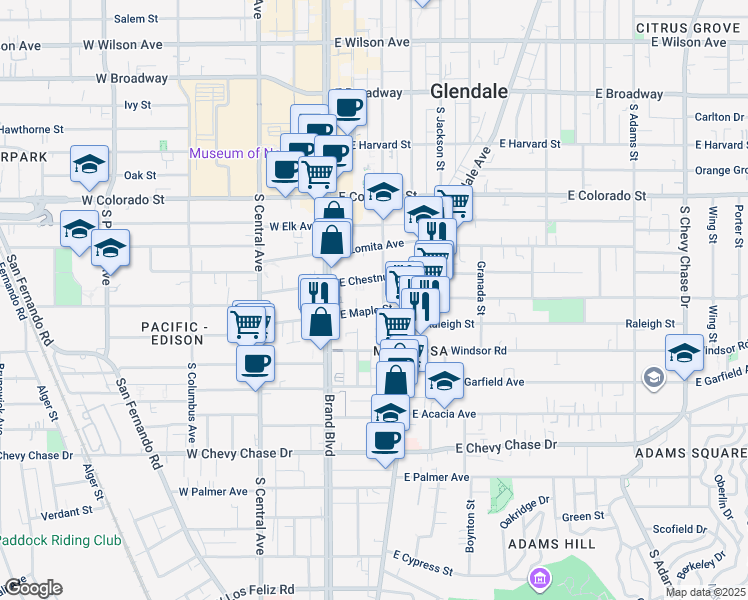 map of restaurants, bars, coffee shops, grocery stores, and more near 219 East Maple Street in Glendale