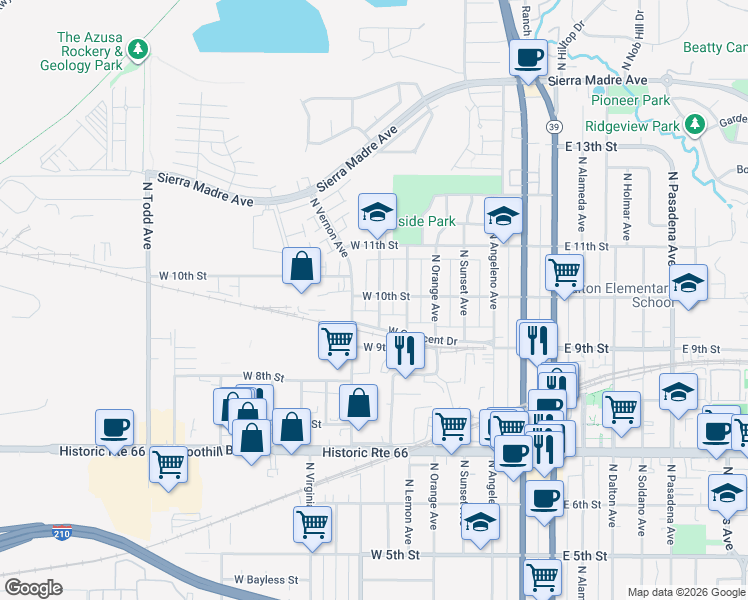 map of restaurants, bars, coffee shops, grocery stores, and more near 700 West 10th Street in Azusa