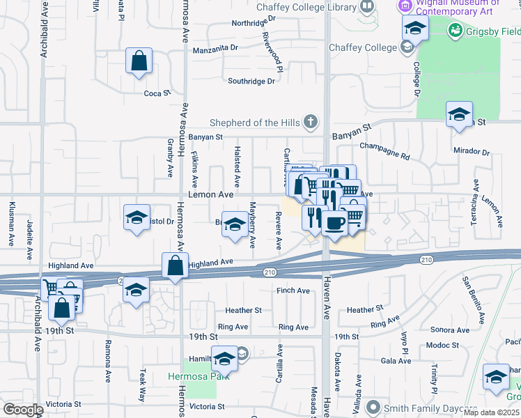 map of restaurants, bars, coffee shops, grocery stores, and more near 10321 Orange Street in Rancho Cucamonga