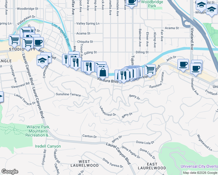 map of restaurants, bars, coffee shops, grocery stores, and more near 11546 Sunshine Terrace in Los Angeles
