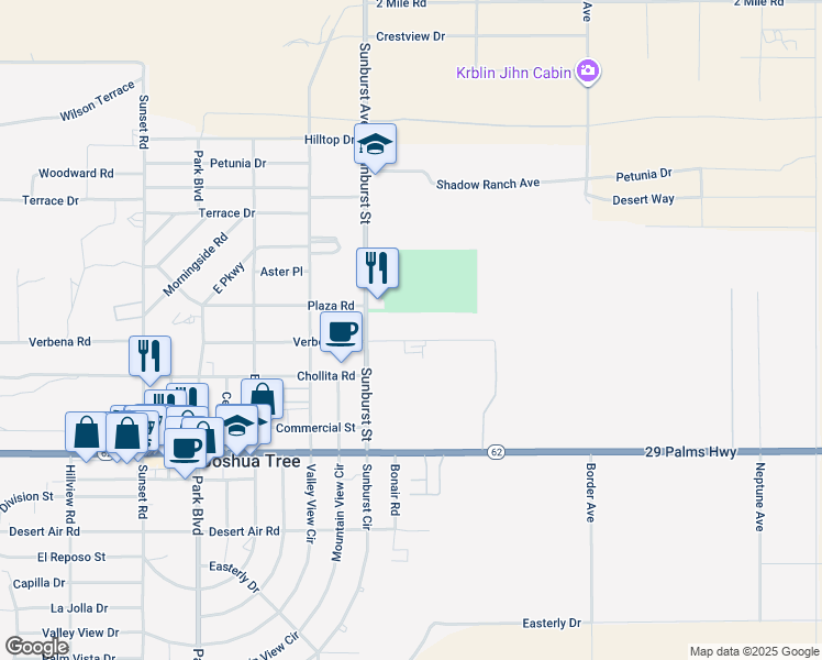 map of restaurants, bars, coffee shops, grocery stores, and more near 62168 Verbena Road in Joshua Tree