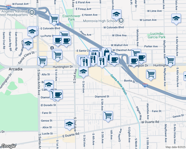 map of restaurants, bars, coffee shops, grocery stores, and more near 450 West Historic Route 66 in Arcadia