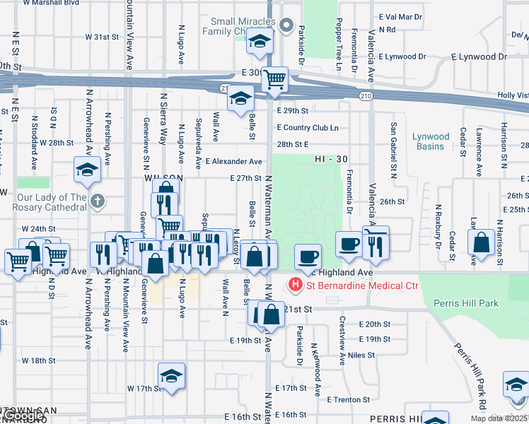 map of restaurants, bars, coffee shops, grocery stores, and more near 2508 North Waterman Avenue in San Bernardino