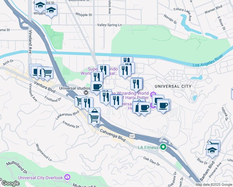 map of restaurants, bars, coffee shops, grocery stores, and more near 444 Universal Hollywood Drive in Los Angeles