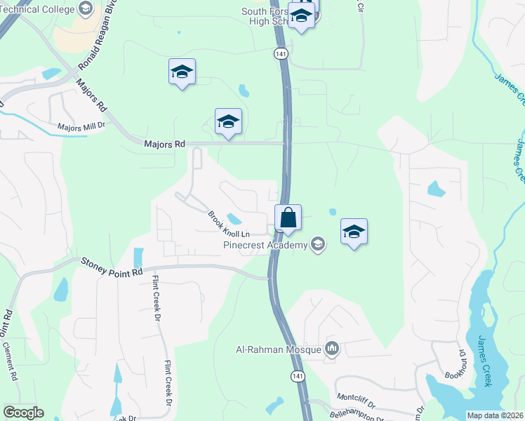 map of restaurants, bars, coffee shops, grocery stores, and more near 1435 Creek Vista Drive in Cumming