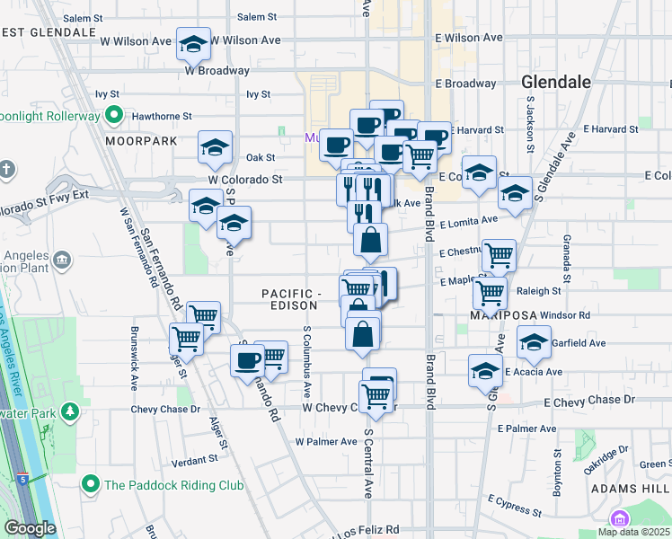 map of restaurants, bars, coffee shops, grocery stores, and more near 333 Riverdale Drive in Glendale