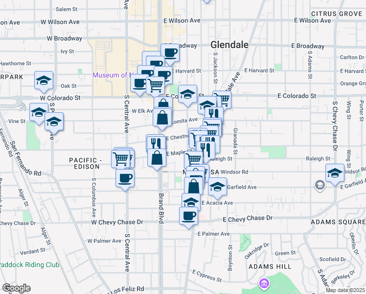 map of restaurants, bars, coffee shops, grocery stores, and more near 230 East Maple Street in Glendale