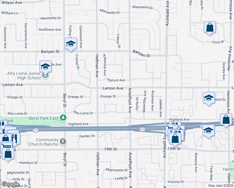 map of restaurants, bars, coffee shops, grocery stores, and more near 9419 Orange Street in Rancho Cucamonga
