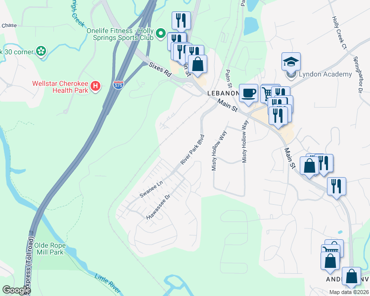 map of restaurants, bars, coffee shops, grocery stores, and more near River Park Crossing in Woodstock