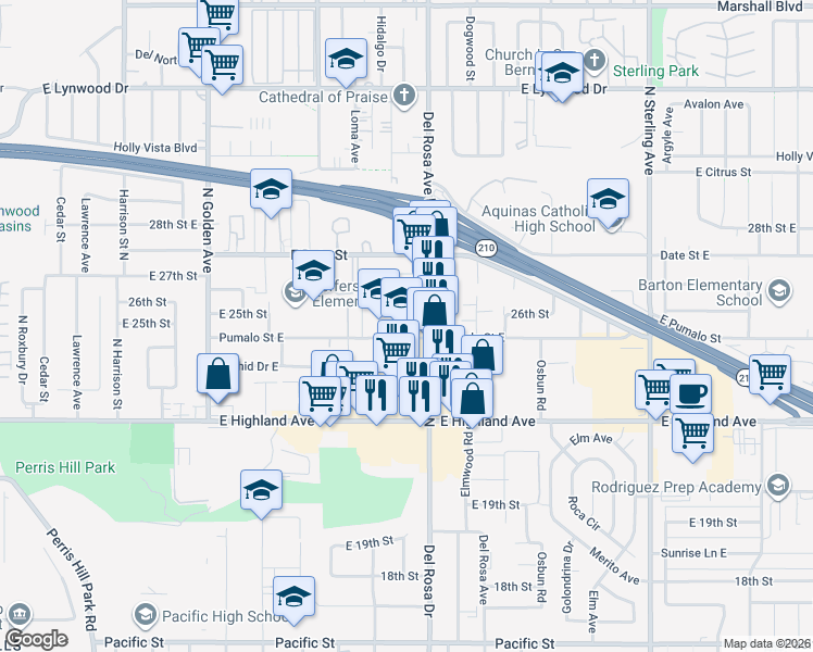 map of restaurants, bars, coffee shops, grocery stores, and more near 1578 Pumalo Street East in San Bernardino