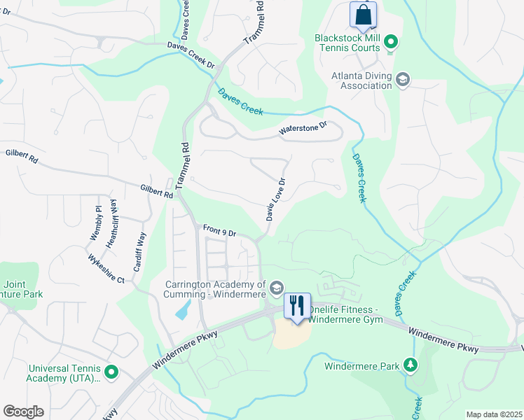 map of restaurants, bars, coffee shops, grocery stores, and more near 5303 Davenport Manor in Cumming