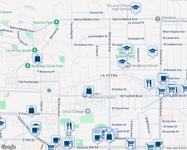 map of restaurants, bars, coffee shops, grocery stores, and more near 1033 Elderberry Drive in Glendora