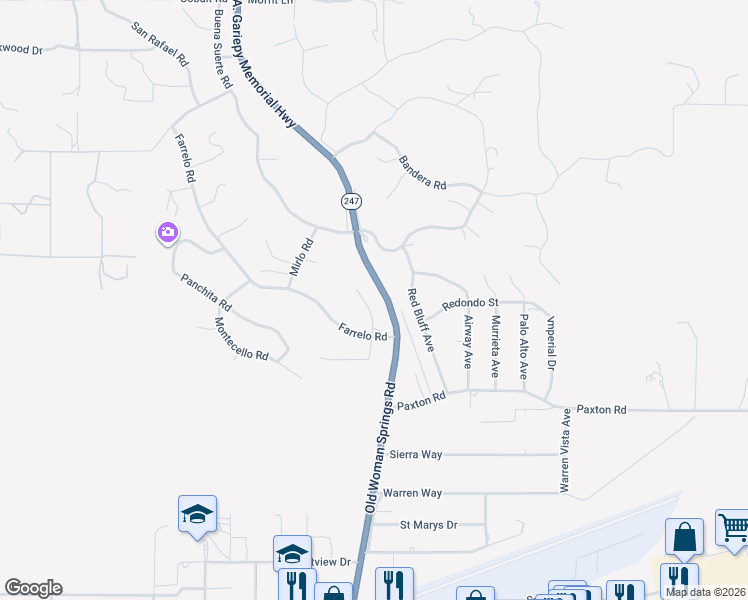 map of restaurants, bars, coffee shops, grocery stores, and more near 6310 Avila Road in Yucca Valley