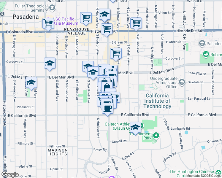 map of restaurants, bars, coffee shops, grocery stores, and more near 415 South Lake Avenue in Pasadena