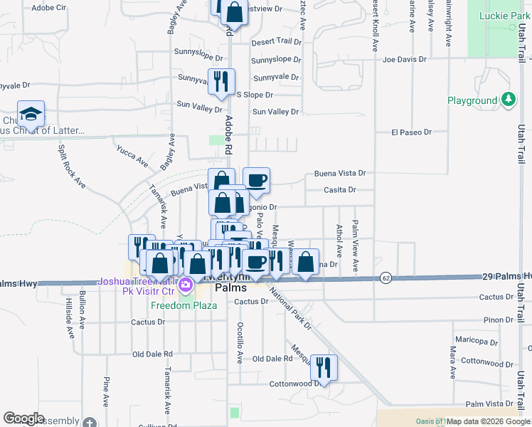 map of restaurants, bars, coffee shops, grocery stores, and more near 6323 Palo Verde Avenue in Twentynine Palms