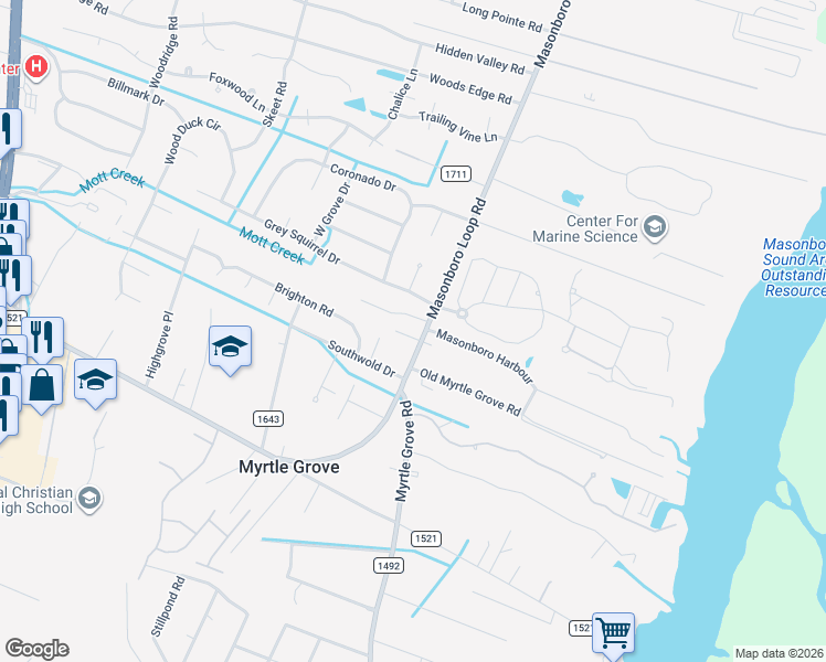 map of restaurants, bars, coffee shops, grocery stores, and more near 5326 Masonboro Loop Road in Wilmington