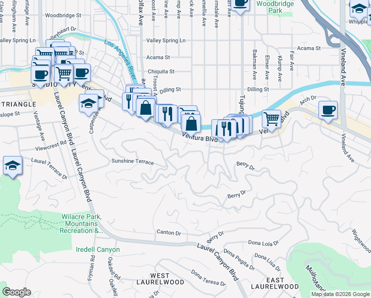 map of restaurants, bars, coffee shops, grocery stores, and more near 3912 Big Oak Drive in Los Angeles