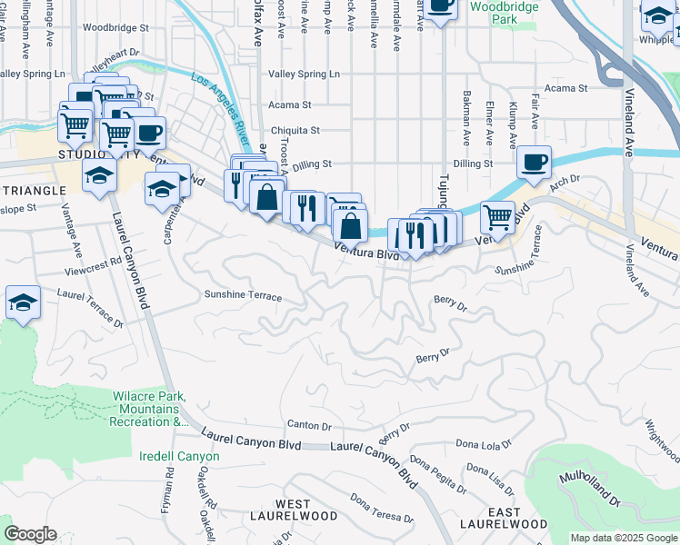 map of restaurants, bars, coffee shops, grocery stores, and more near 3912 Big Oak Drive in Los Angeles