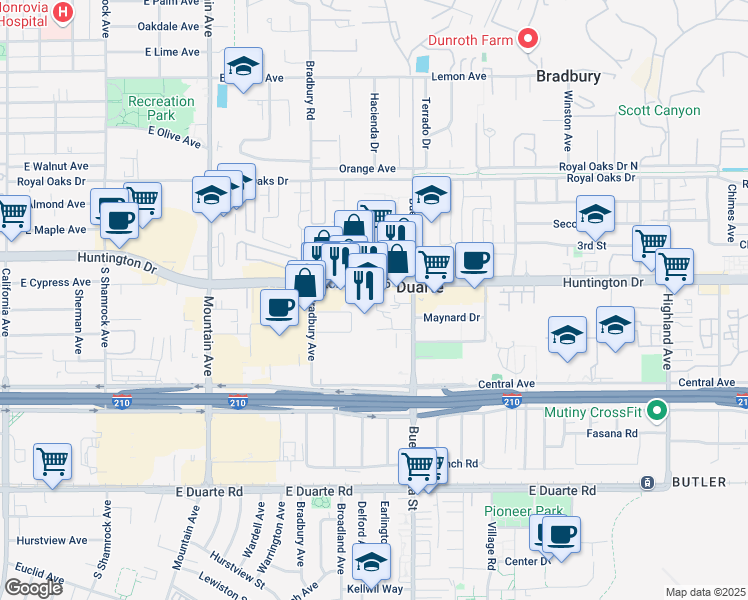 map of restaurants, bars, coffee shops, grocery stores, and more near 1200 Huntington Drive in Duarte