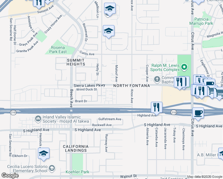 map of restaurants, bars, coffee shops, grocery stores, and more near Moonfire Lane in Fontana