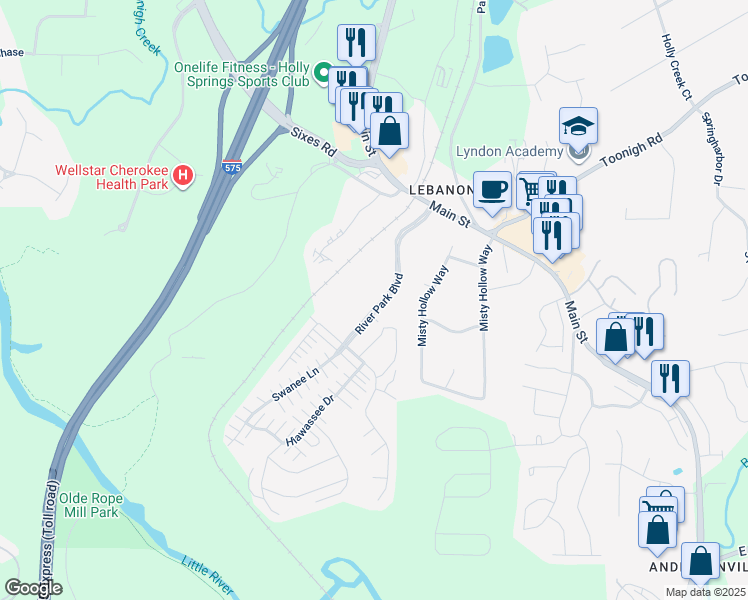 map of restaurants, bars, coffee shops, grocery stores, and more near 141 River Park Crossing in Woodstock