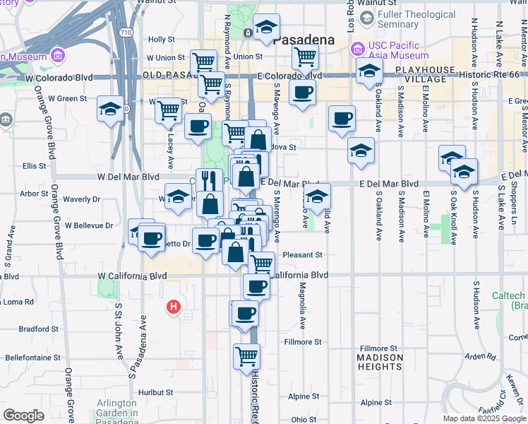 map of restaurants, bars, coffee shops, grocery stores, and more near 427 South Marengo Avenue in Pasadena
