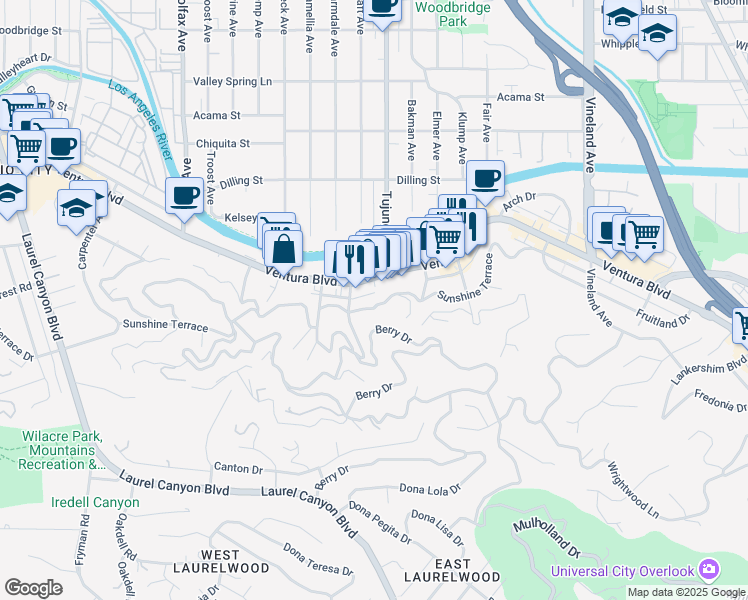map of restaurants, bars, coffee shops, grocery stores, and more near 11423 Sunshine Terrace in Los Angeles