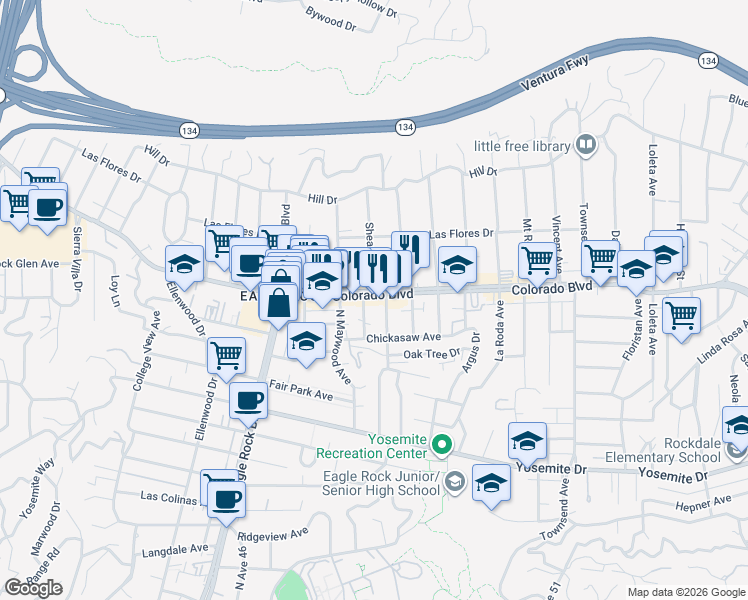 map of restaurants, bars, coffee shops, grocery stores, and more near 5080 Shearin Avenue in Los Angeles