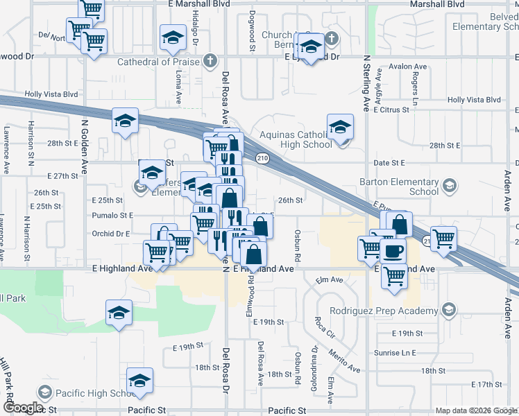 map of restaurants, bars, coffee shops, grocery stores, and more near 1683 Pumalo Street East in San Bernardino