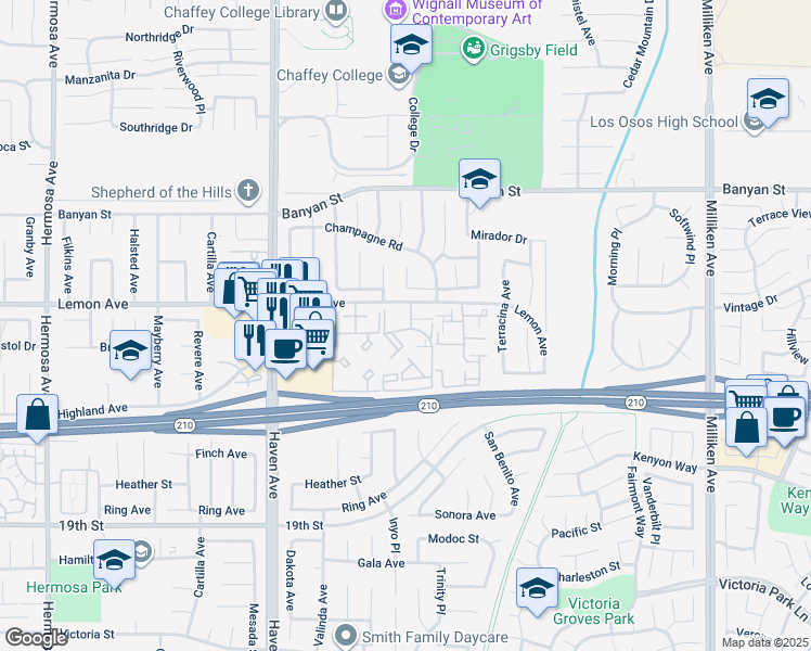 map of restaurants, bars, coffee shops, grocery stores, and more near 10757 Lemon Avenue in Rancho Cucamonga