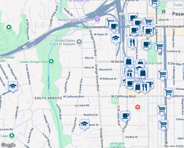map of restaurants, bars, coffee shops, grocery stores, and more near in Pasadena