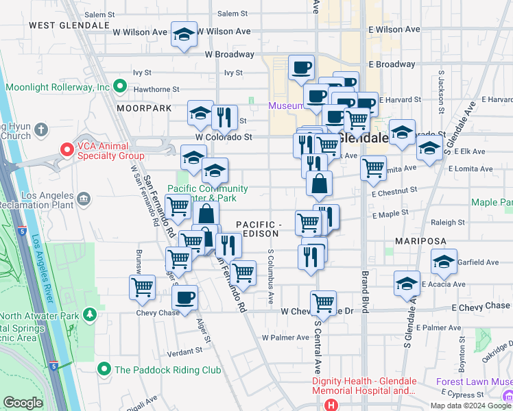 map of restaurants, bars, coffee shops, grocery stores, and more near 417 Riverdale Drive in Glendale