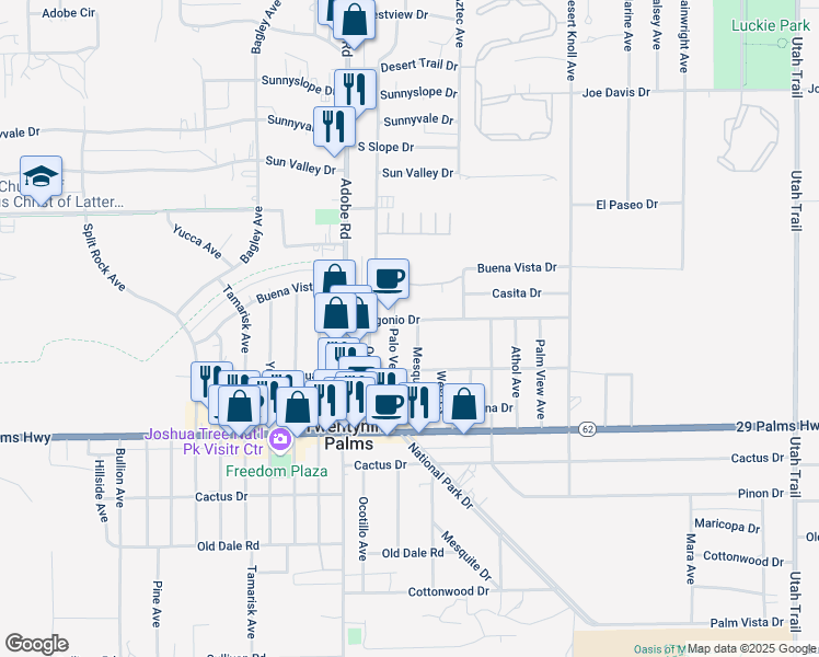 map of restaurants, bars, coffee shops, grocery stores, and more near 6349 Palo Verde Avenue in Twentynine Palms