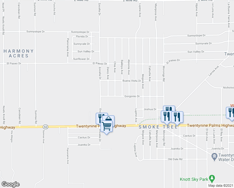 map of restaurants, bars, coffee shops, grocery stores, and more near 6295 Chia Avenue in Twentynine Palms