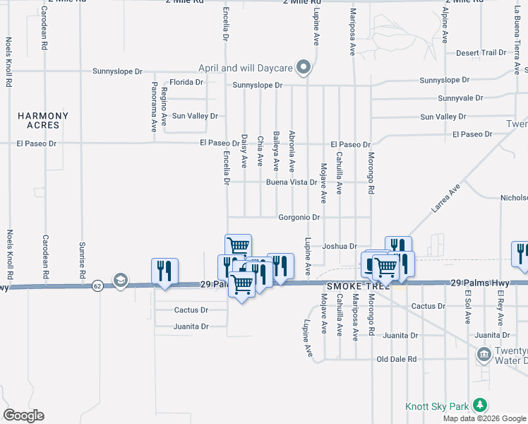 map of restaurants, bars, coffee shops, grocery stores, and more near 6295 Chia Avenue in Twentynine Palms