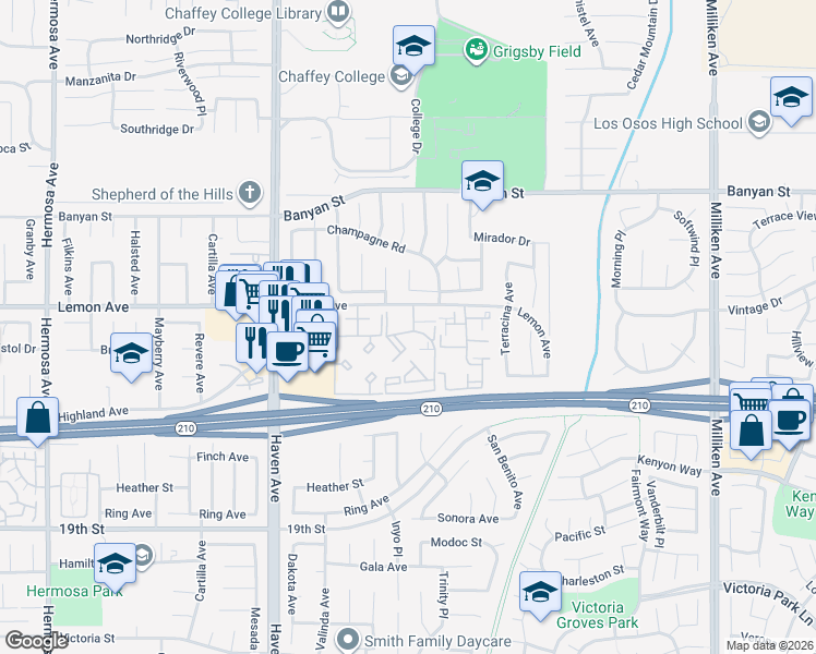 map of restaurants, bars, coffee shops, grocery stores, and more near 10757 Lemon Avenue in Rancho Cucamonga