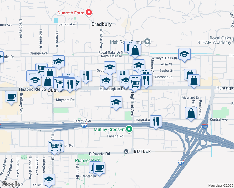 map of restaurants, bars, coffee shops, grocery stores, and more near 1302 Pops Road in Duarte