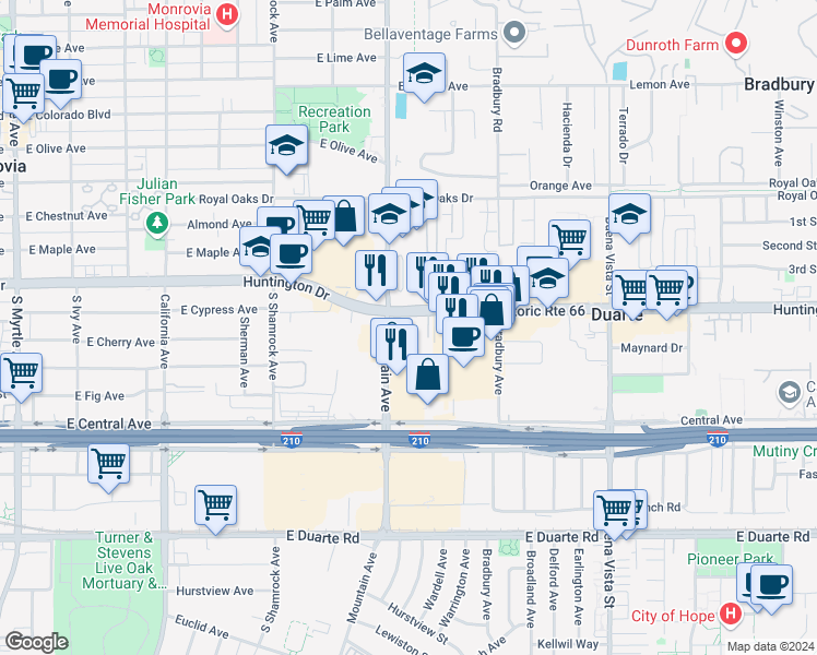 map of restaurants, bars, coffee shops, grocery stores, and more near 1304 Mountain Avenue in Duarte